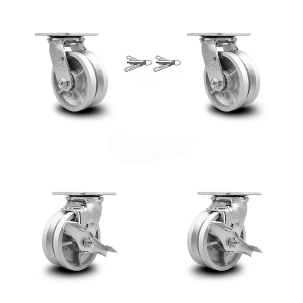 5 Inch V Groove Semi Steel Caster Set with Roller Bearings 2 Swivel Lock 2 Brake